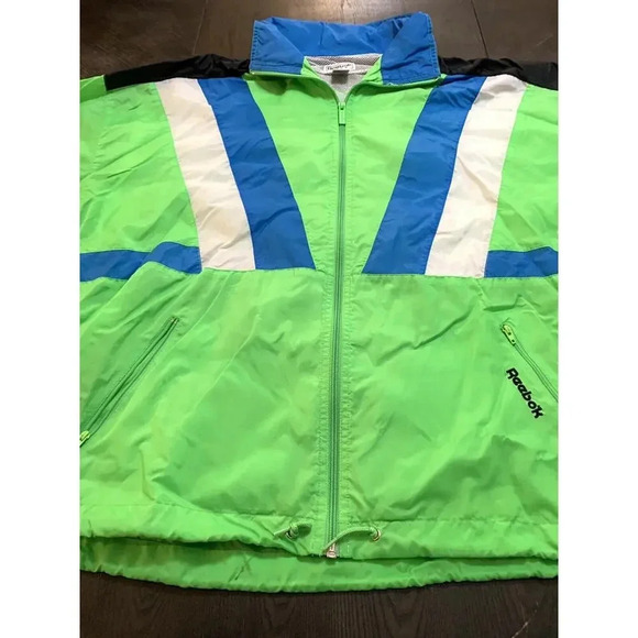 Vintage 90s Reebok Sport Color Block Neon Green Blue White Jacket Windbreaker XL - Picture 2 of 8